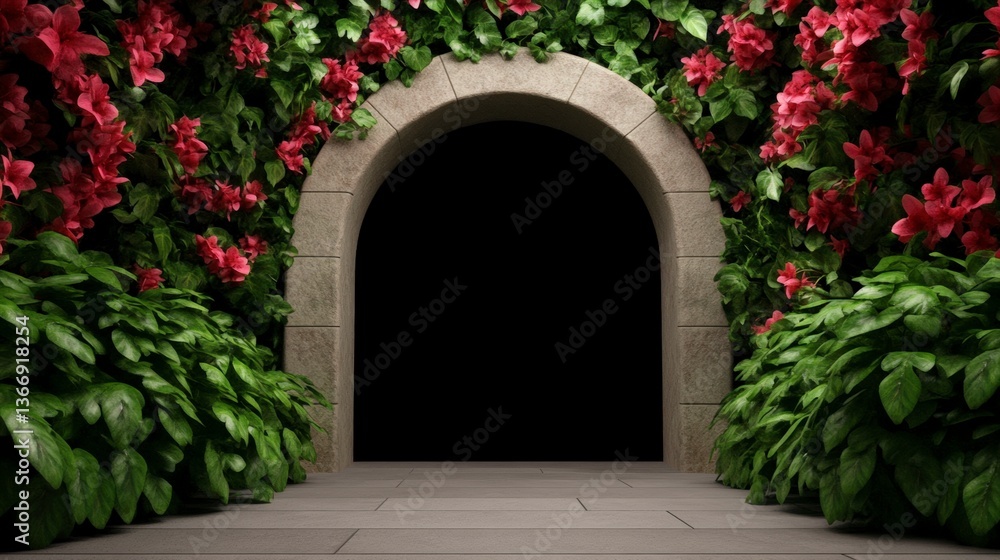 Fototapeta premium Lush Overgrown Floral Archway Leading to a Hidden Garden Oasis in Vibrant Colors