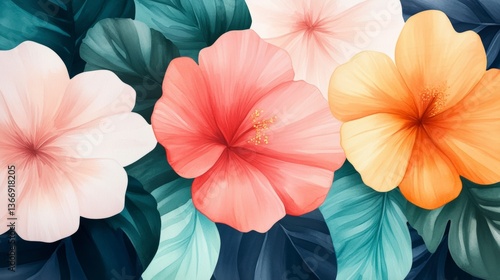 Wallpaper Mural Soft Floral Watercolor Painting in Pastel Colors with Lush Green Leaves Torontodigital.ca