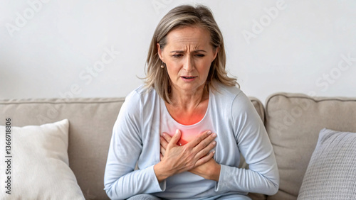 middle aged woman sitting on sofa appears distressed, clutching her chest, possibly indicating discomfort or pain