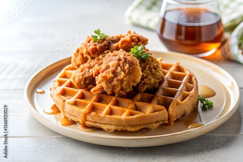 chicken and waffles with maple syrup in white background