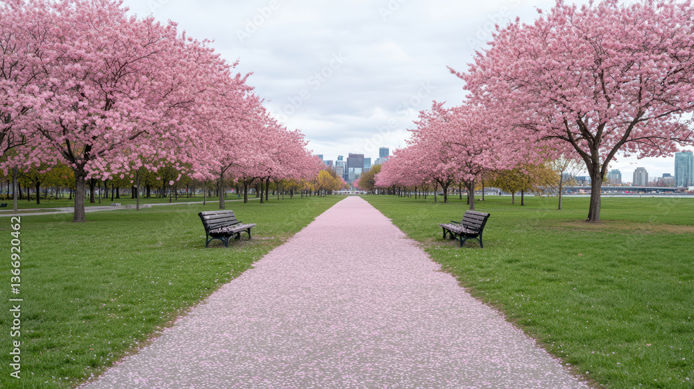 Fototapeta premium serene cherry blossom park with vibrant pink trees lining pathway, inviting tranquility and