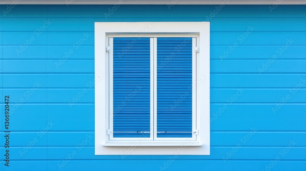 Window with Closed Blue Blinds on a Blue Wooden Wall Backdrop Window with Closed Blue Blinds on a Blue Wooden Wall Backdrop