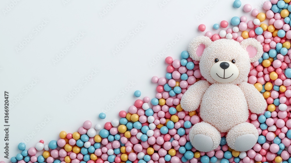 Obraz premium Soft Teddy Bear Surrounded by Colorful Candy Balls on White Surface