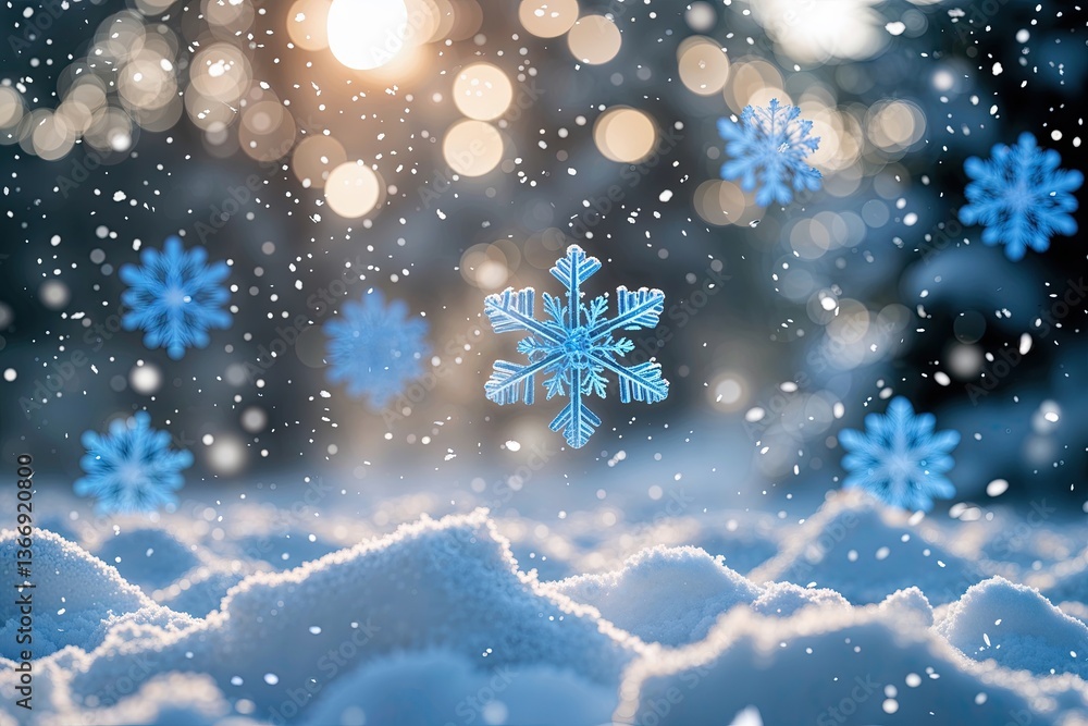 Fototapeta premium Serene Winter Snowfall Background Featuring Blurred Blue Snowflakes and Festive Holiday Decorations