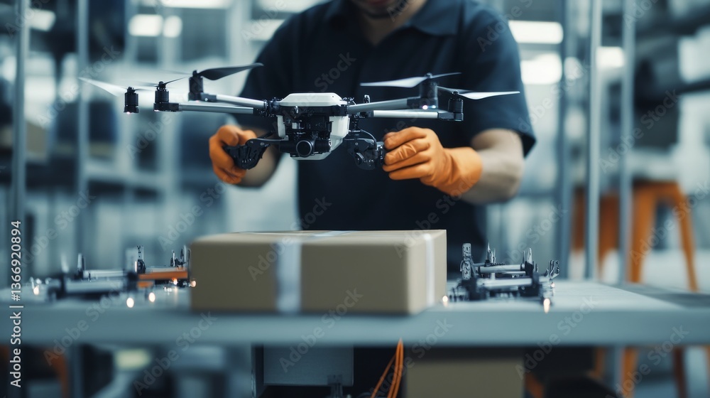 Robotic engineer designing autonomous drones for delivery, futuristic factory with drones in assembly lines and real-time testing, Techno-futuristic style Robotic engineer designing autonomous drones for delivery, futuristic factory with drones in assembly lines and real-time testing, Techno-futuristic style