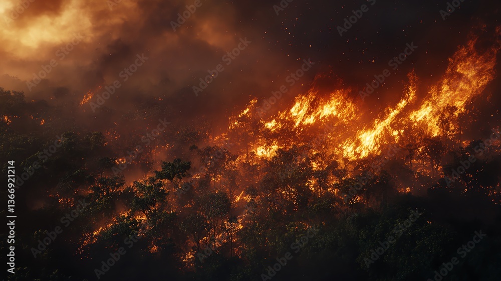 Naklejka premium A cinematic view of a firestorm devouring a lush fores