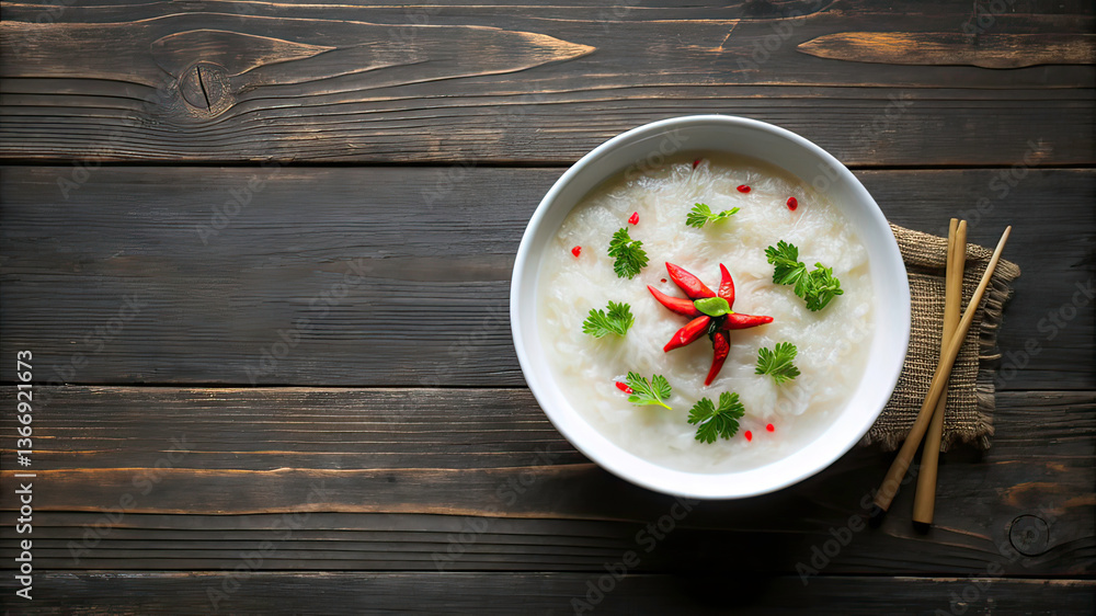 Thai rice soup in white plate on dark wooden background with copy-space Thai rice soup in white plate on dark wooden background with copy-space
