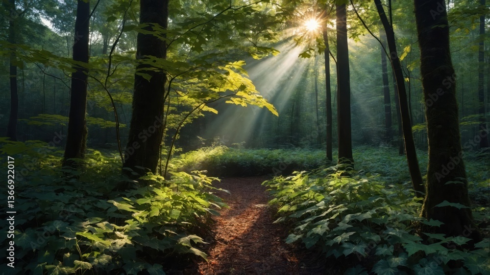Obraz premium Sunlight Streaming Through Forest Canopy on a Hiking Path