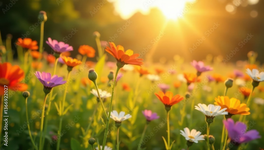 Fototapeta premium vibrant wildflowers sway gently in a warm sunlight, wildflowers, grass