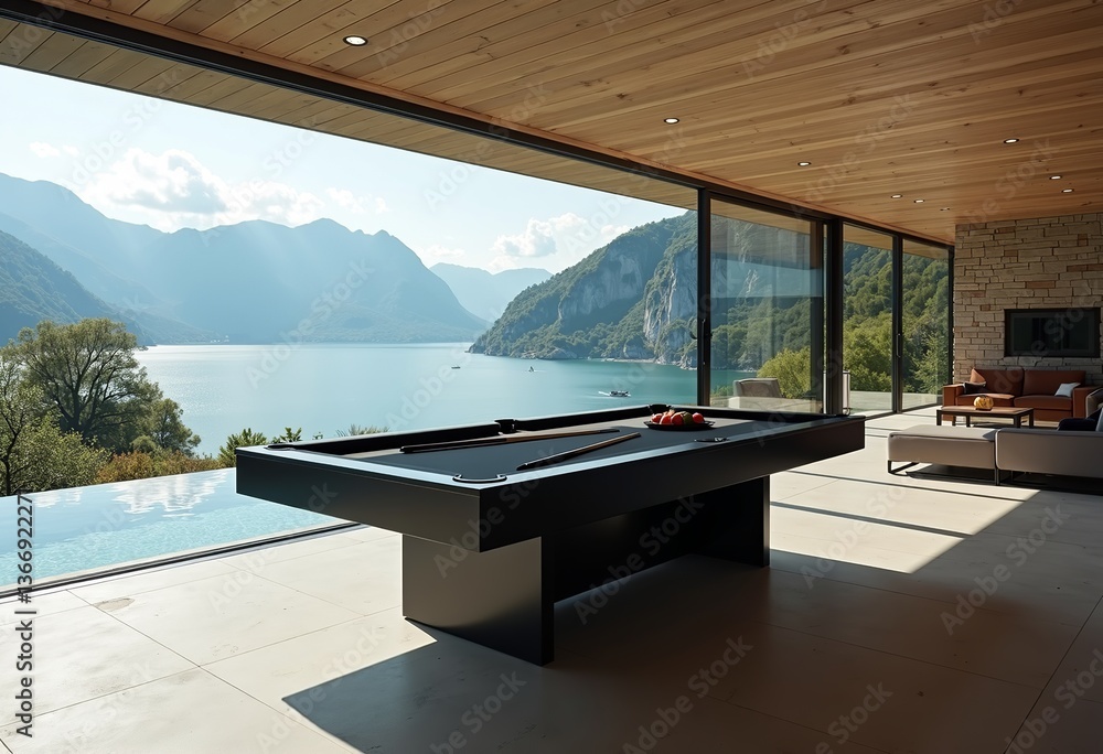 Fototapeta premium Lake Como Luxury Living: Modern House Featuring a Black Pool Table with Breathtaking Mountain & Lake Views Through Expansive Windows - Ideal for Upscale Home Blogs.