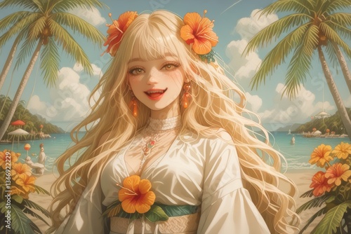 Beautiful anime-style blonde woman with tropical flowers on a sunny beach, vibrant summer vacation concept with palm trees, ocean waves, and warm golden sunlight