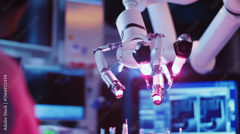 Obraz premium Robotics specialist creating AI powered surgical robots in a medical robotics lab, futuristic lab with AI-driven robotic systems used for assisting in delicate surgeries, Scientific style