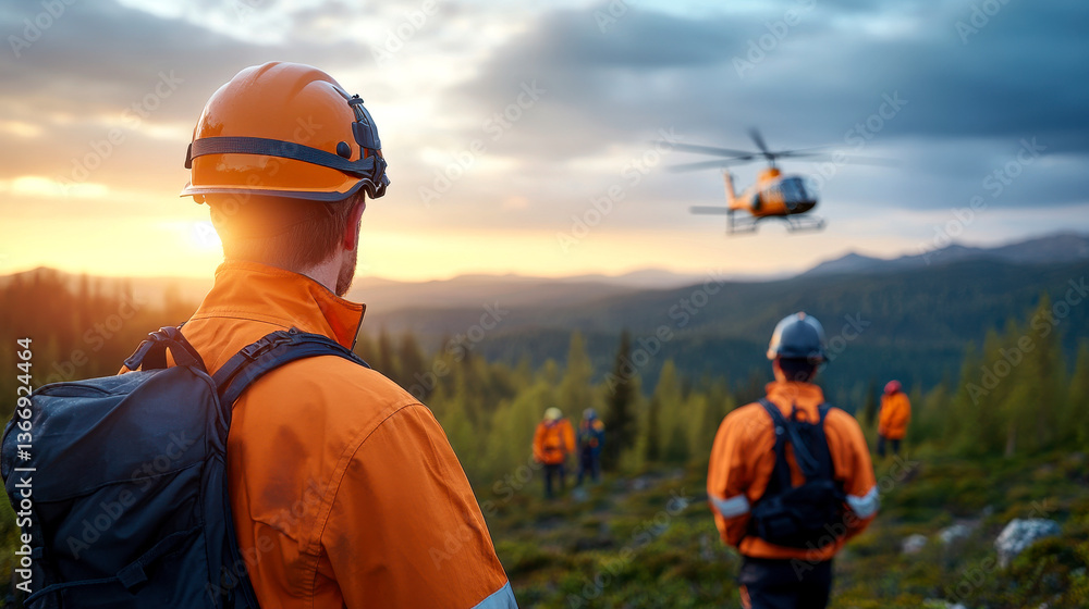 A group of rescue workers in orange gear watches a helicopter fly over a mountainous landscape during sunset. A group of rescue workers in orange gear watches a helicopter fly over a mountainous landscape during sunset.