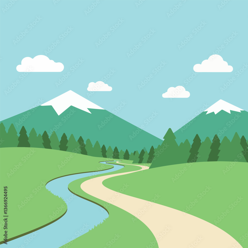 Obraz premium Cartoon Landscape with River and Mountains