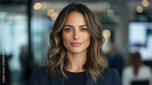 Wallpaper Mural Professional woman with long, wavy hair, smiling confidently in modern office setting Torontodigital.ca