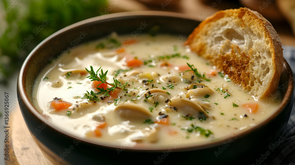 Creamy Mushroom Chowder with Toasted Bread Garnished with Fresh Parsley in Natural Light on Wooden Surface Creamy Mushroom Chowder with Toasted Bread Garnished with Fresh Parsley in Natural Light on Wooden Surface
