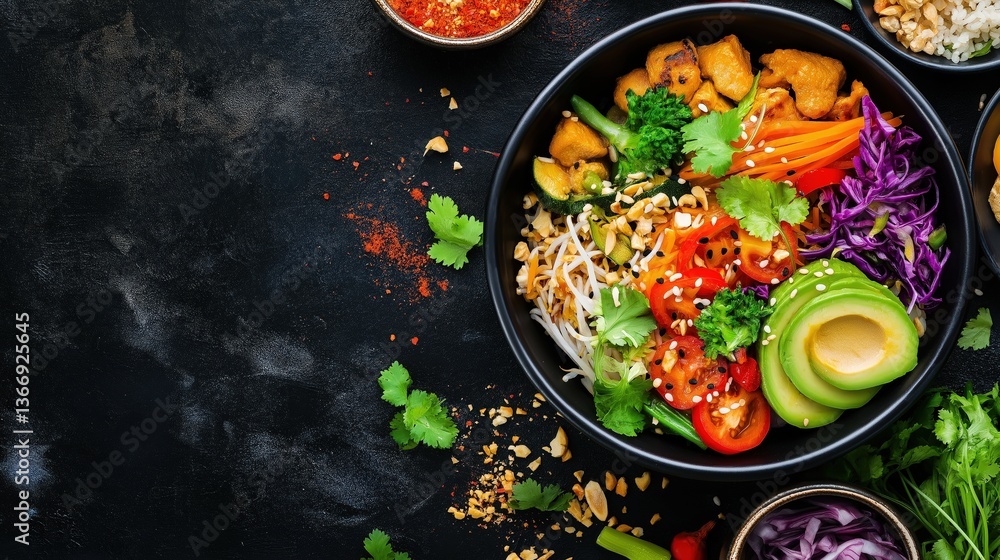 A vibrant, healthy bowl of colorful vegetables, avocado, and chicken, garnished with herbs and nuts, set against a dark background. A vibrant, healthy bowl of colorful vegetables, avocado, and chicken, garnished with herbs and nuts, set against a dark background.
