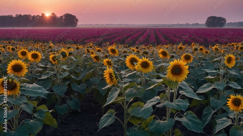 Obraz premium Sunflower Field at Dawn with Rising Sun and Lavender Flowers