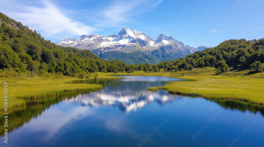 serene mountain lake reflecting snow capped peaks and lush greenery. tranquil scene evokes sense serene mountain lake reflecting snow capped peaks and lush greenery. tranquil scene evokes sense