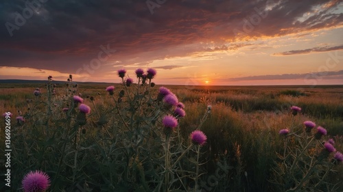 Thistle Blooms in a Meadow at Dusk with Dramatic Sky