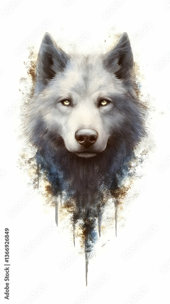 Digital Portrait Of A Majestic Grey Wolf With Intense Eyes On White Abstract Background Digital Portrait Of A Majestic Grey Wolf With Intense Eyes On White Abstract Background