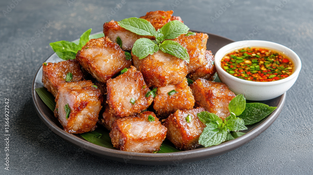 Fototapeta premium Crispy deep fried pork belly served with spicy dipping sauce and fresh herbs