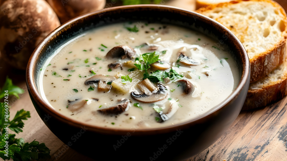 Creamy Mushroom Soup in a Dark Bowl with Sliced Bread and Fresh Parsley on a Rustic Wooden Table Top Creamy Mushroom Soup in a Dark Bowl with Sliced Bread and Fresh Parsley on a Rustic Wooden Table Top