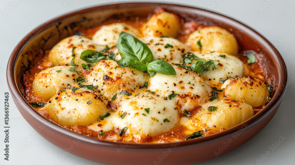 Baked gnocchi with melted cheese and fresh basil creates delicious comfort dish Baked gnocchi with melted cheese and fresh basil creates delicious comfort dish
