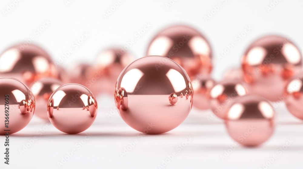 Shiny Rose Gold Spheres on White Background for Modern Decor Shiny Rose Gold Spheres on White Background for Modern Decor