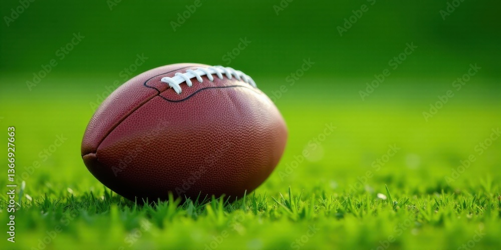 A close-up view of an american football resting on a lush green field, ready for the big game A close-up view of an american football resting on a lush green field, ready for the big game