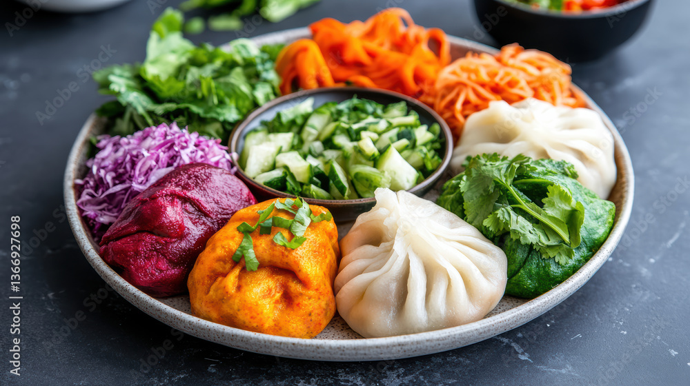 Colorful vegetable momos arranged on platter with fresh greens and vibrant toppings Colorful vegetable momos arranged on platter with fresh greens and vibrant toppings