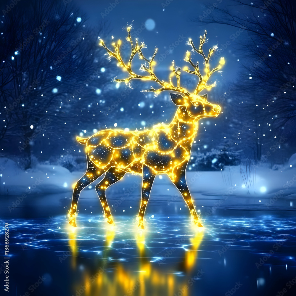 Glowing Golden Deer Silhouette In Winter Night Forest Illustration Glowing Golden Deer Silhouette In Winter Night Forest Illustration