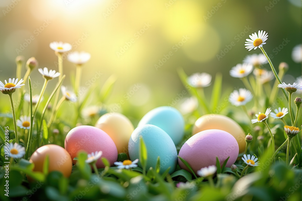 Fototapeta premium Pastel Easter Eggs on Grass with Daisies and Wildflowers