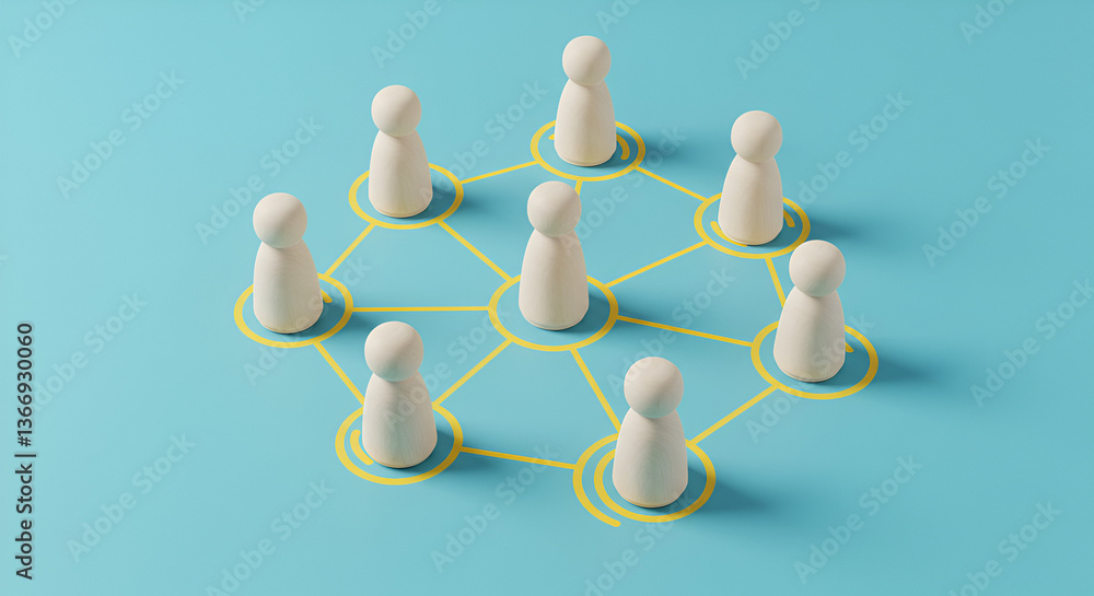 Obraz premium Abstract Connected Wooden Figures on Blue Background Depicting Social Network and Teamwork