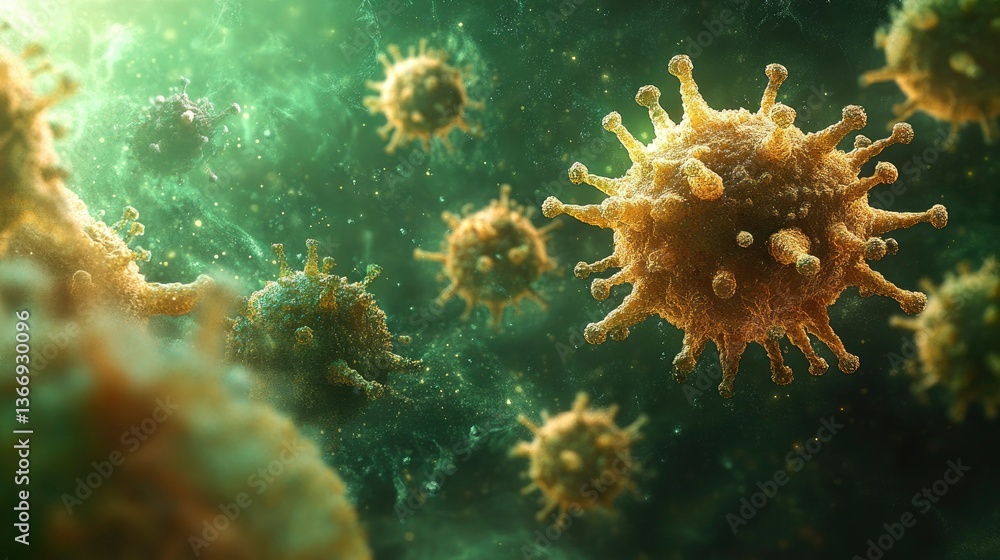 Microscopic View of Viruses A 3D Render of Viral Particles in Motion Microscopic View of Viruses A 3D Render of Viral Particles in Motion