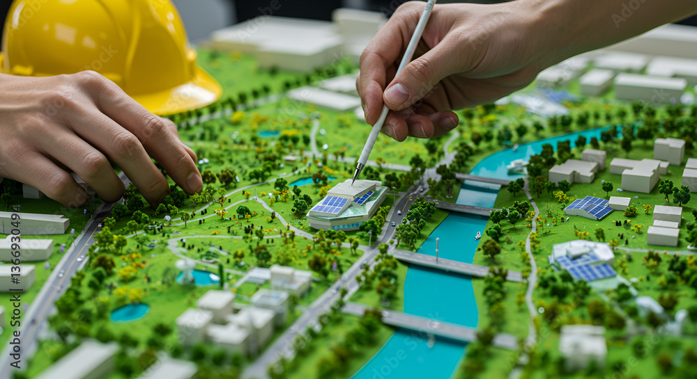 Fototapeta premium Architectural City Model Featuring Green Spaces and Blue River with Yellow Helmet in Soft Lighting