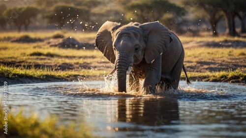Elephant Wading Through Water with Splash in Natural Habitat