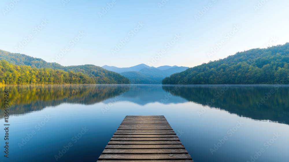 tranquil lakeside view dawn, with wooden dock extending into calm waters reflecting surrounding tranquil lakeside view dawn, with wooden dock extending into calm waters reflecting surrounding