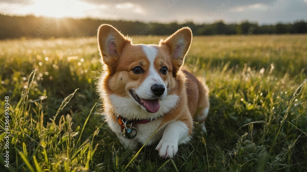 Dog Relaxing in Grassy Field at Sunset with Happy Expression Dog Relaxing in Grassy Field at Sunset with Happy Expression