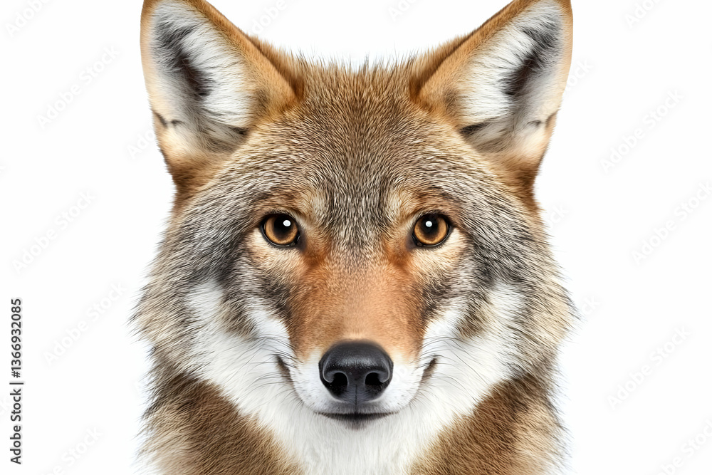 Fototapeta premium Isolated Coyote Head Portrait In Warm Brown Fur and Alert Eyes on White Background
