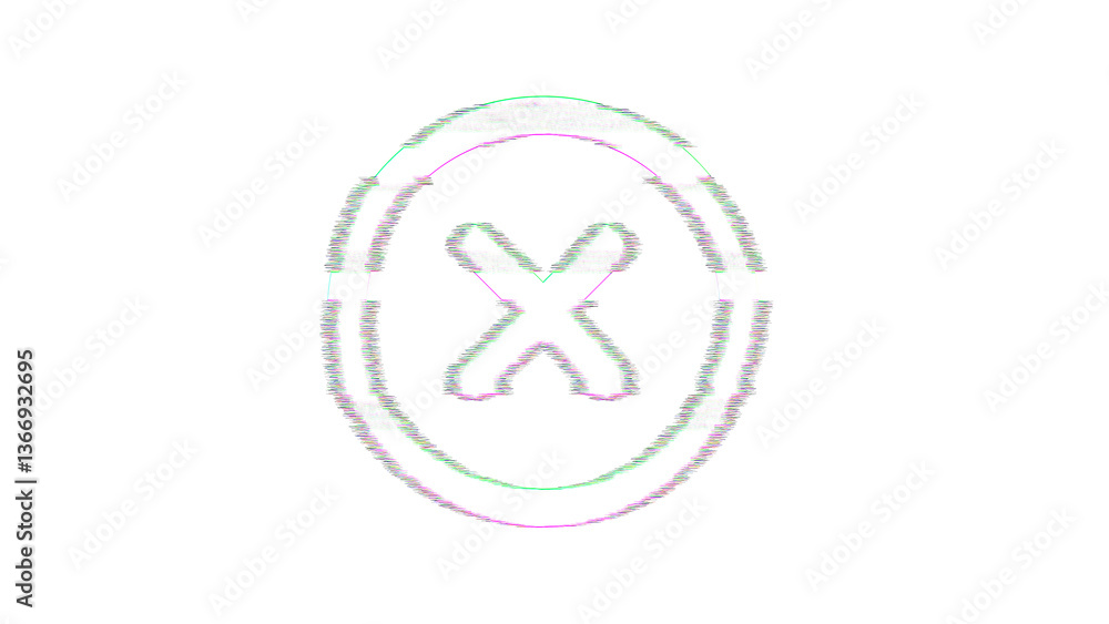 Icon times circle is distorted. Glitch. Noise, chromatic aberration, geometric distortion Icon times circle is distorted. Glitch. Noise, chromatic aberration, geometric distortion