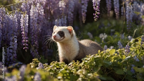 Fototapeta Naklejka Na Ścianę i Meble -  Ferret Posing in Blooming Flowers Outdoors Nature Scene