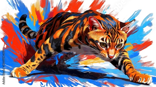 Energetic bengal cat stretching playfully in colorful background animal photography indoor setting close-up view