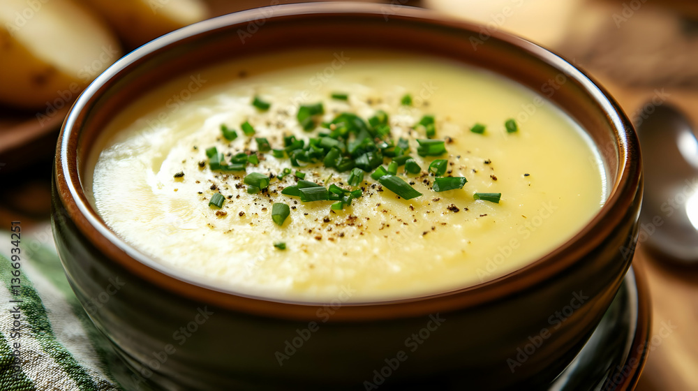Creamy Potato Soup Garnished with Fresh Chives in Brown Ceramic Bowl on Wooden Surface with Rustic Charm and Warm Lighting Creamy Potato Soup Garnished with Fresh Chives in Brown Ceramic Bowl on Wooden Surface with Rustic Charm and Warm Lighting