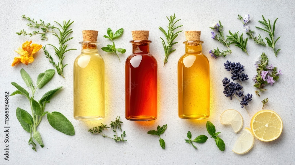 Aromatic Essential Oils with Herbs and Citrus Fruits Aromatic Essential Oils with Herbs and Citrus Fruits