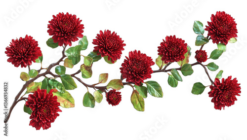 a decorative arrangement of vibrant red flowers with green leave