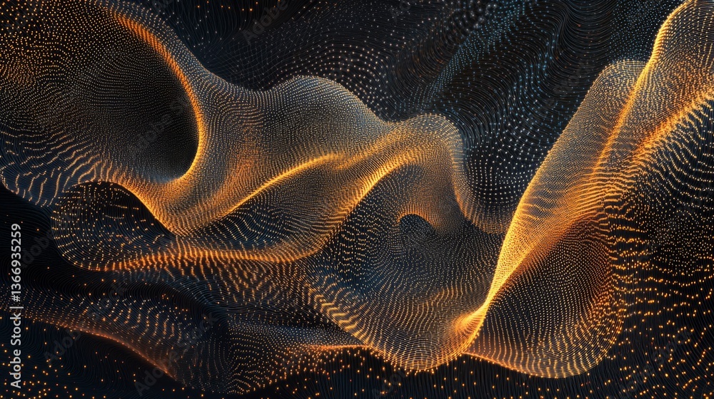 Aerial perspective of particle wave dynamics, elegant flowing dots creating ocean-like patterns, smooth digital ripples in motion, bioluminescent particle streams, pristine vector mesh, floating Aerial perspective of particle wave dynamics, elegant flowing dots creating ocean-like patterns, smooth digital ripples in motion, bioluminescent particle streams, pristine vector mesh, floating