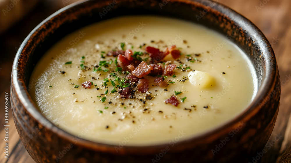 Creamy Potato Soup Topped with Bacon Bits and Parsley in a Rustic Brown Bowl on a Wooden Surface Delicious Comfort Food Creamy Potato Soup Topped with Bacon Bits and Parsley in a Rustic Brown Bowl on a Wooden Surface Delicious Comfort Food