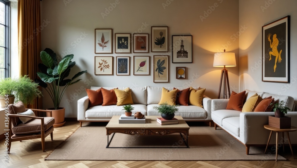 Fototapeta premium A cozy living room fuses vintage and modern with an antique table, sleek sofa, velvet cushions, mixed art, greenery, and warm neutrals with pops of color 2. Generative AI