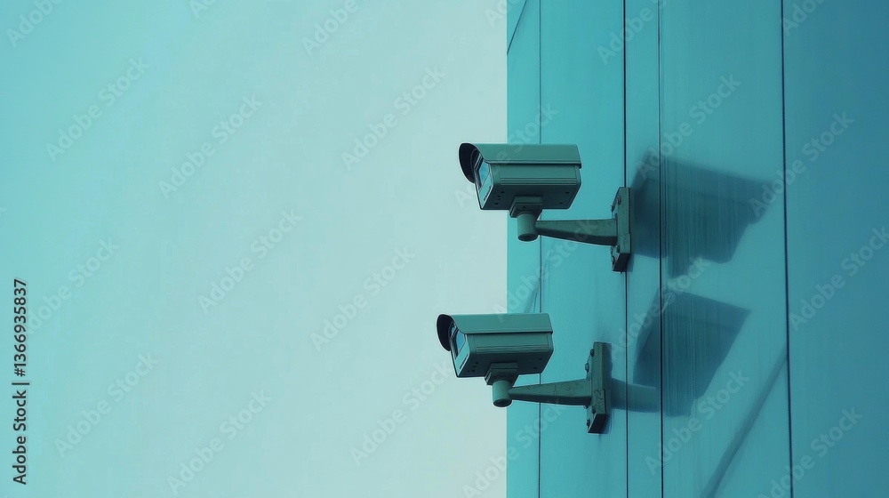 High-tech surveillance equipment against corporate architecture, trio of professional security cameras, weatherproof housing units, modern monitoring system, glass facade building background, High-tech surveillance equipment against corporate architecture, trio of professional security cameras, weatherproof housing units, modern monitoring system, glass facade building background,
